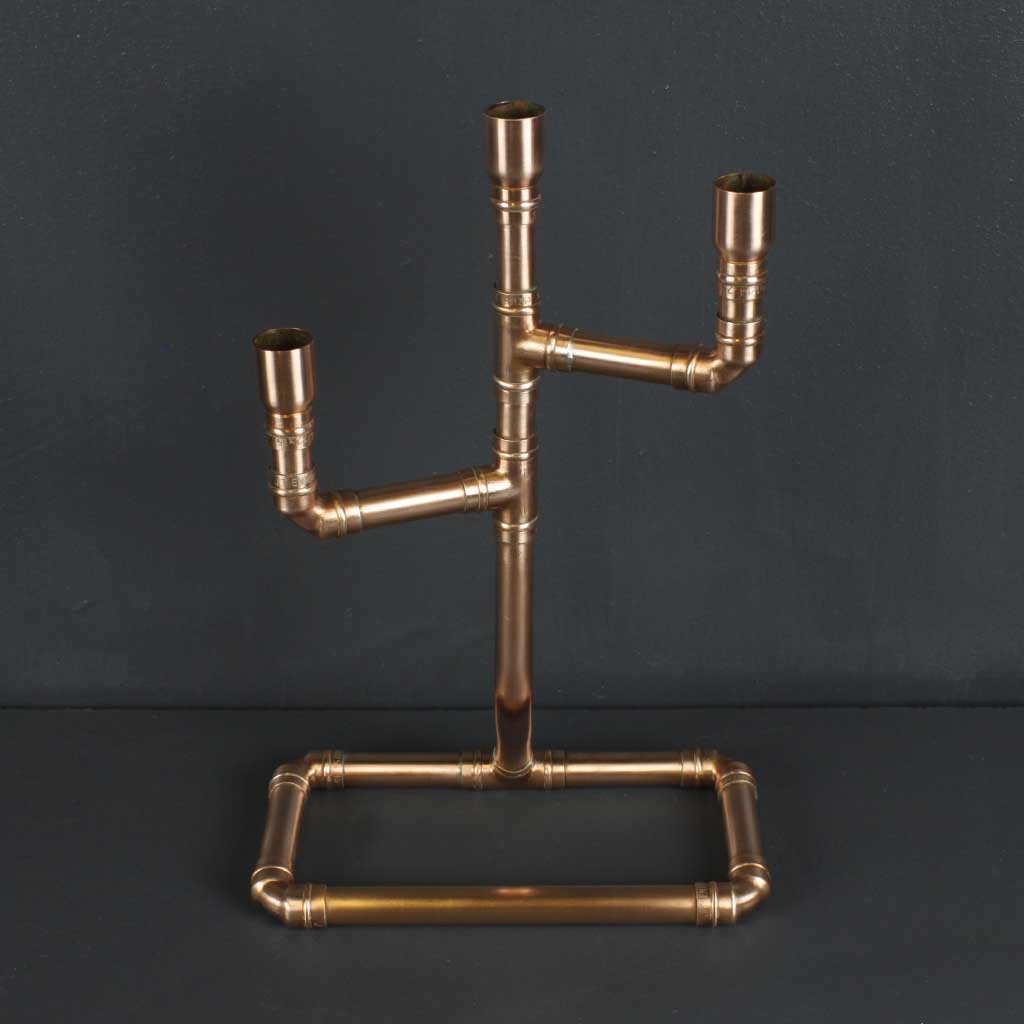 Classic Copper Pipe Candelabra handmade of recycled components by Emmet Bosonnet of Kopper Kreation in Dublin Ireland