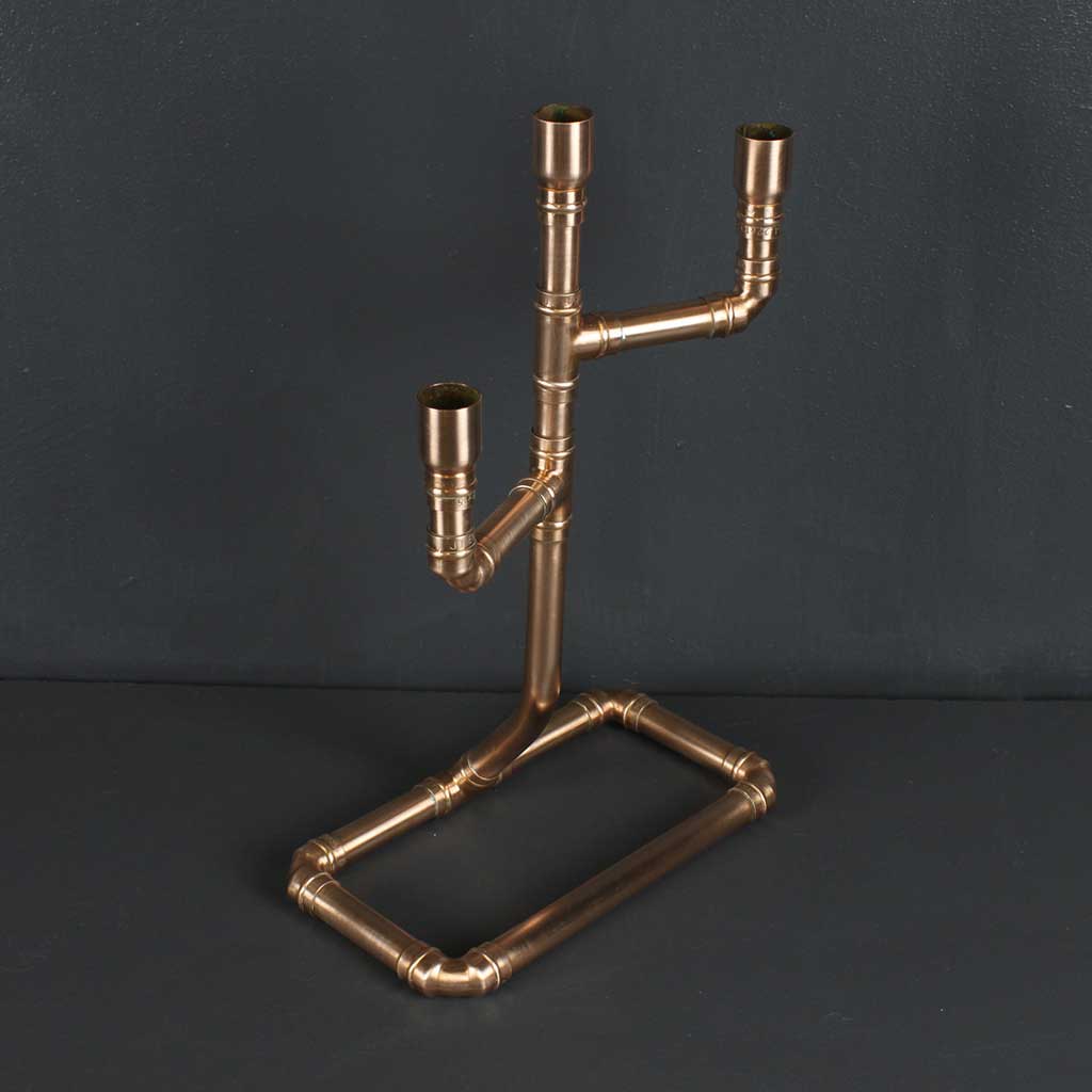 Classic Copper Pipe Candelabra handmade of recycled components by Emmet Bosonnet of Kopper Kreation in Dublin Ireland