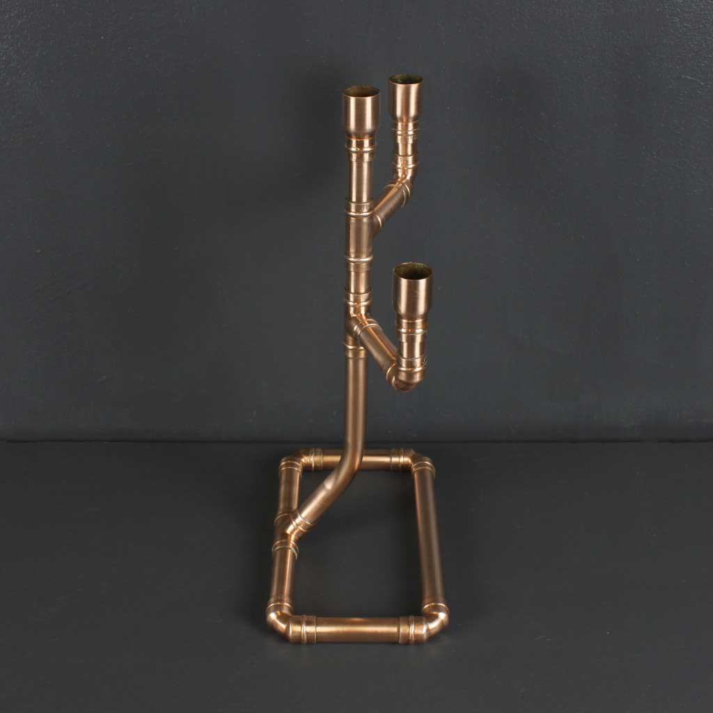 Classic Copper Pipe Candelabra handmade of recycled components by Emmet Bosonnet of Kopper Kreation in Dublin Ireland