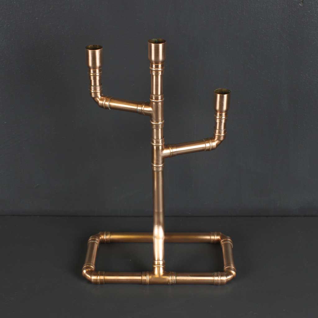 Classic Copper Pipe Candelabra handmade of recycled components by Emmet Bosonnet of Kopper Kreation in Dublin Ireland