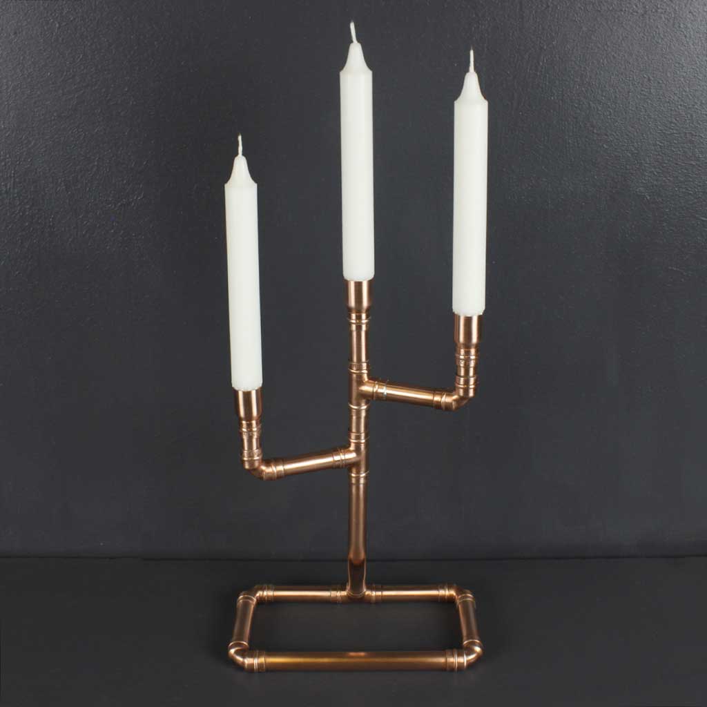 Classic Copper Pipe Candelabra handmade of recycled components by Emmet Bosonnet of Kopper Kreation in Dublin Ireland