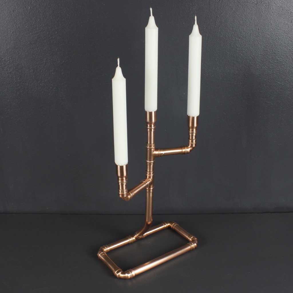 Classic Copper Pipe Candelabra handmade of recycled components by Emmet Bosonnet of Kopper Kreation in Dublin Ireland