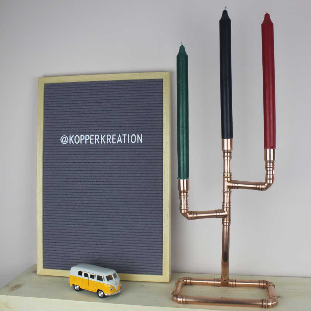 Classic Copper Pipe Candelabra handmade of recycled components by Emmet Bosonnet of Kopper Kreation in Dublin Ireland