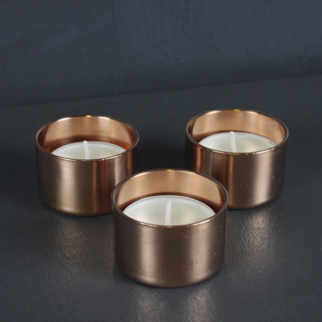 Copper Tea Light Holder x3 handmade of recycled components by Emmet Bosonnet of Kopper Kreation in Dublin Ireland