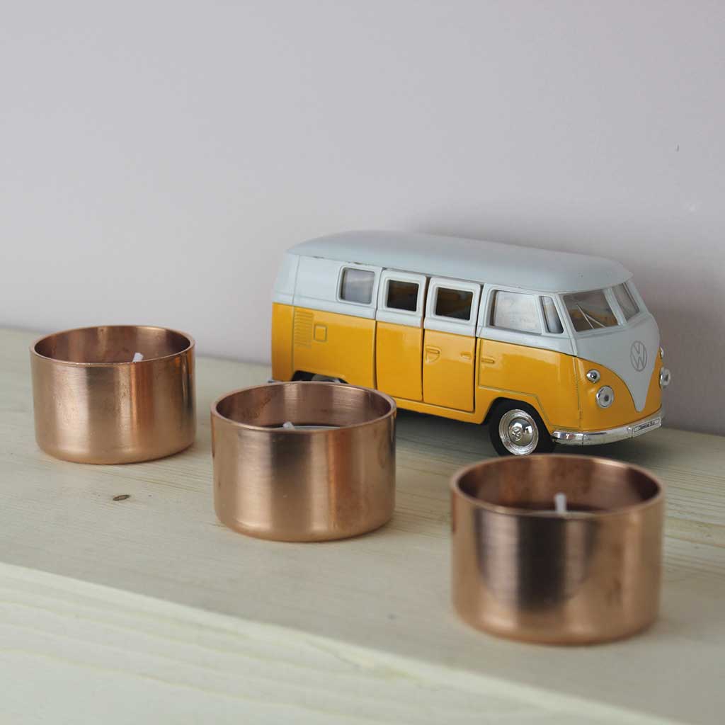 Copper Tea Light Holder x3 handmade of recycled components by Emmet Bosonnet of Kopper Kreation in Dublin Ireland