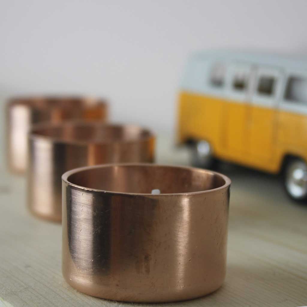 Copper Tea Light Holder x3 handmade of recycled components by Emmet Bosonnet of Kopper Kreation in Dublin Ireland