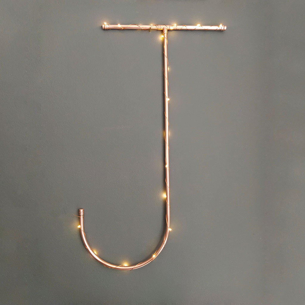 Copper Letter J handmade of recycled components by Emmet Bosonnet of Kopper Kreation in Dublin Ireland