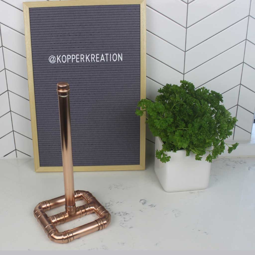 Copper Kitchen Roll Holder handmade of recycled components by Emmet Bosonnet of Kopper Kreation in Dublin Ireland