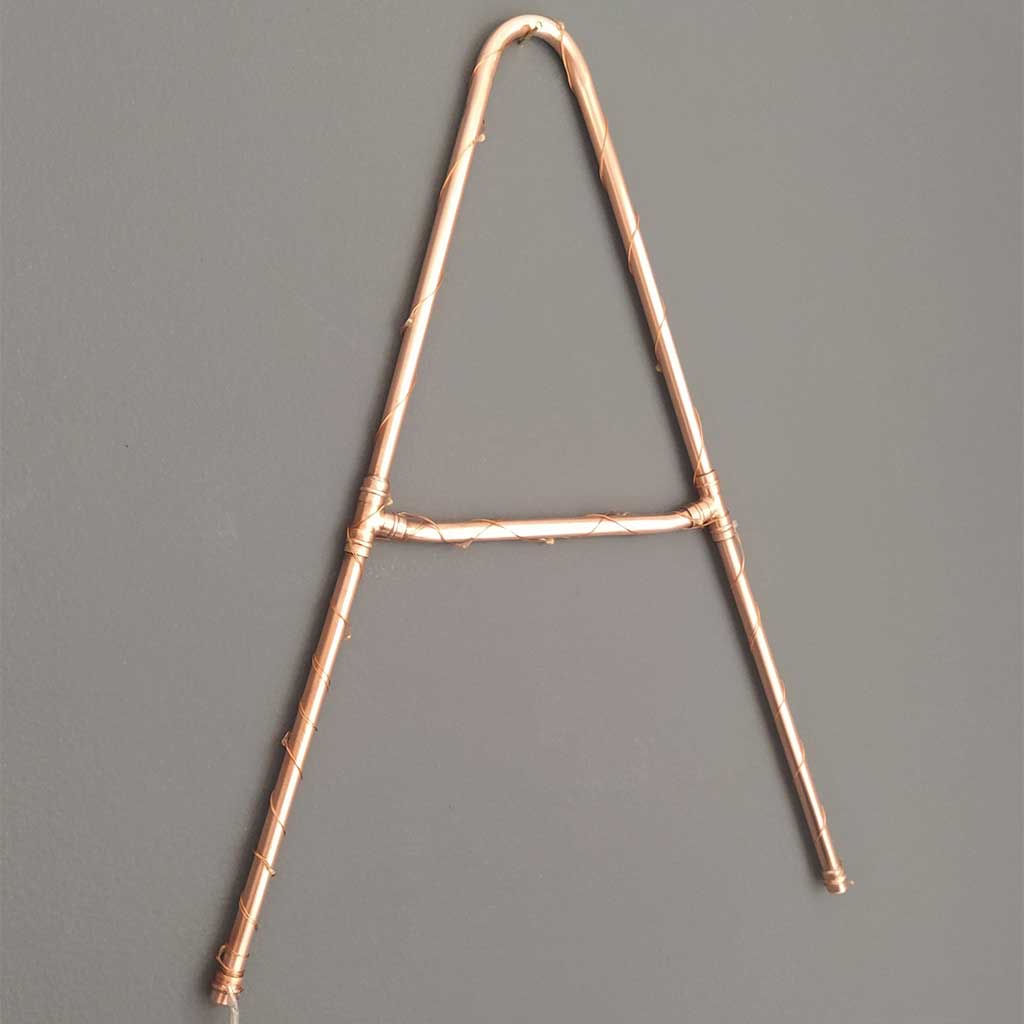 Copper Letter A handmade of recycled components by Emmet Bosonnet of Kopper Kreation in Dublin Ireland