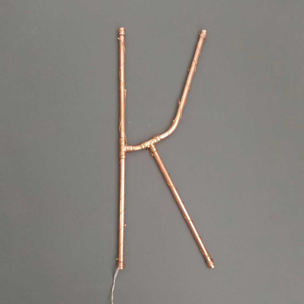 Copper Letter K handmade of recycled components by Emmet Bosonnet of Kopper Kreation in Dublin Ireland