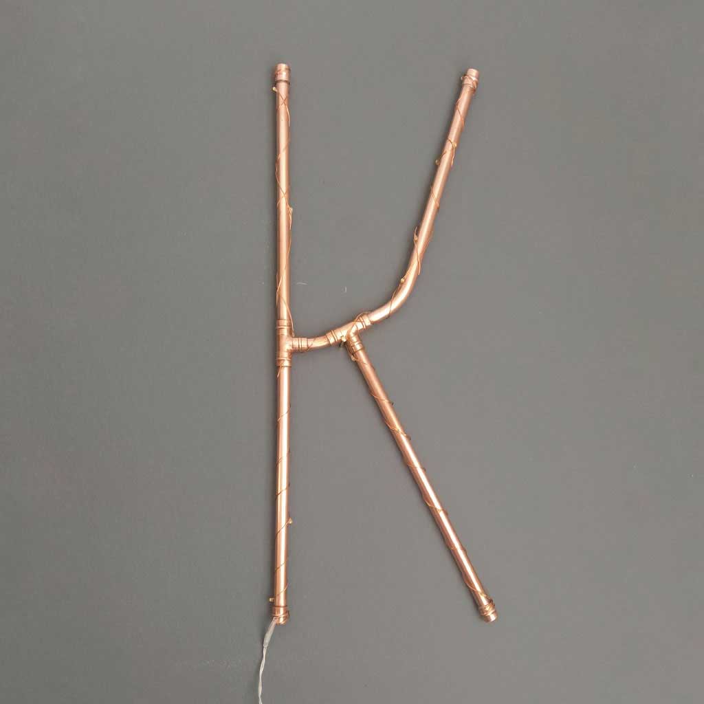 Copper Letter K handmade of recycled components by Emmet Bosonnet of Kopper Kreation in Dublin Ireland