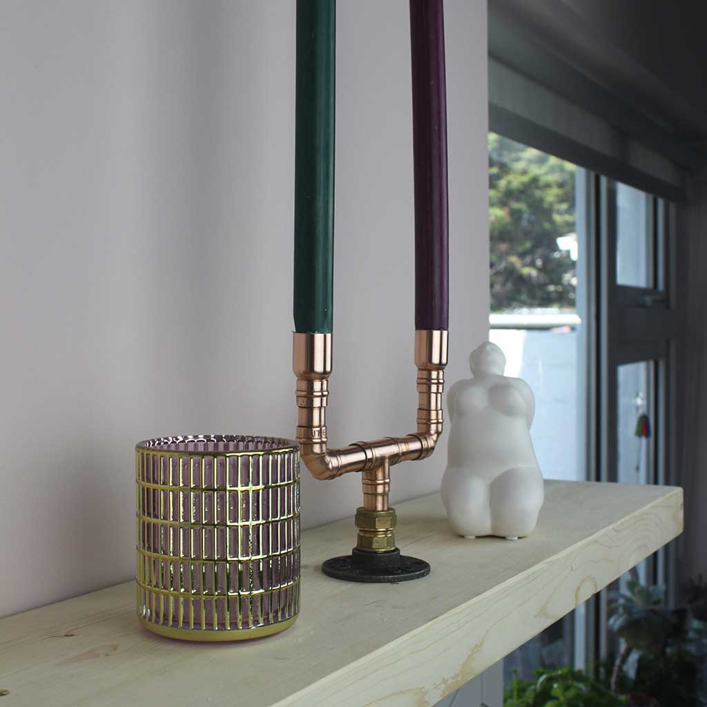 Duo Candelabra copper handmade of recycled components by Emmet Bosonnet of Kopper Kreation in Dublin Ireland
