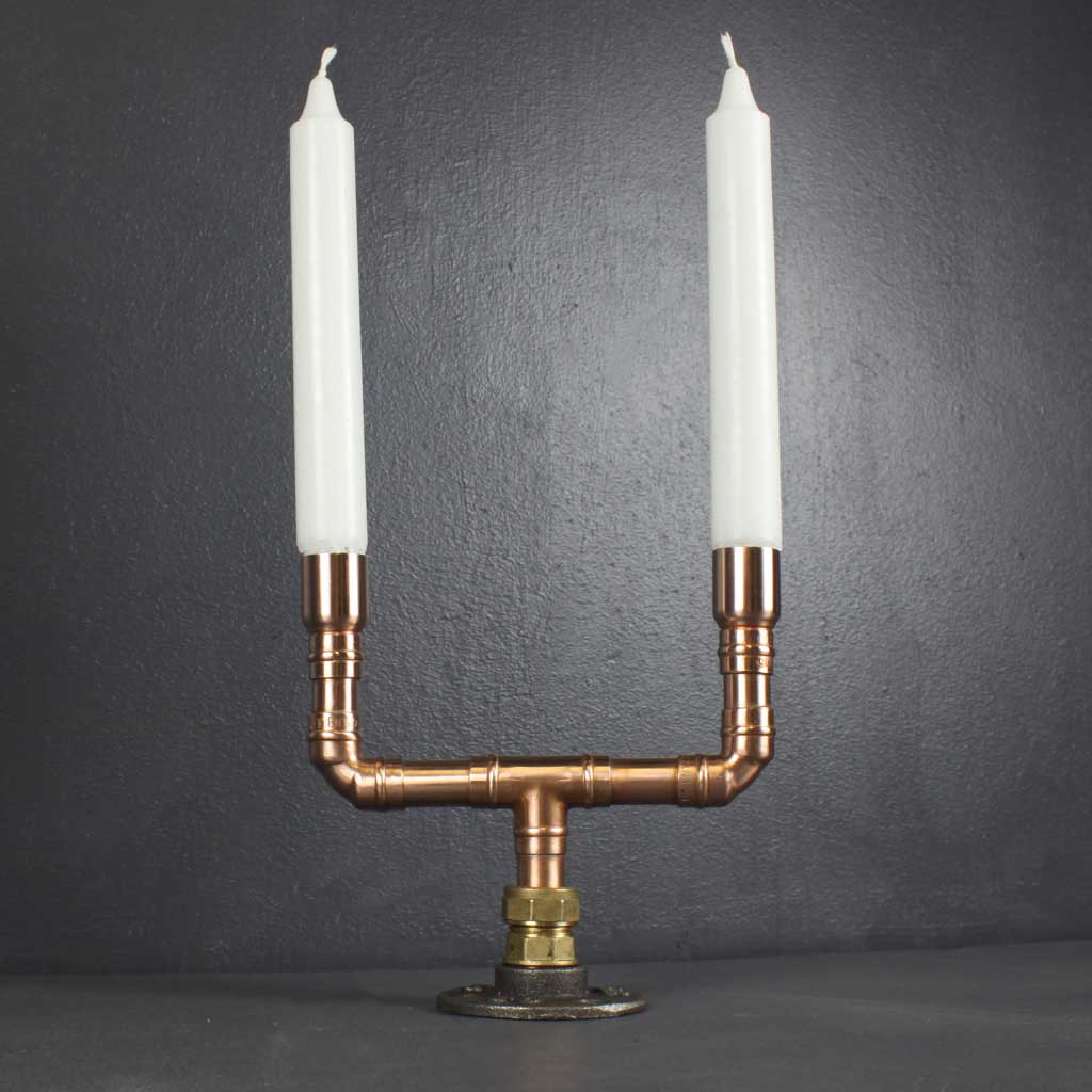 Duo Candelabra copper handmade of recycled components by Emmet Bosonnet of Kopper Kreation in Dublin Ireland