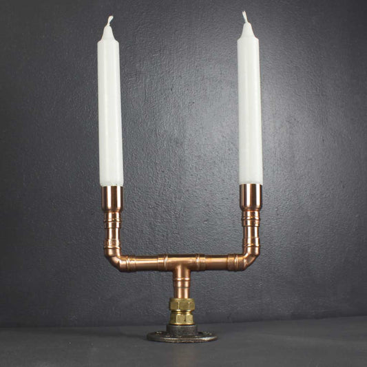 Duo Candelabra copper handmade of recycled components by Emmet Bosonnet of Kopper Kreation in Dublin Ireland