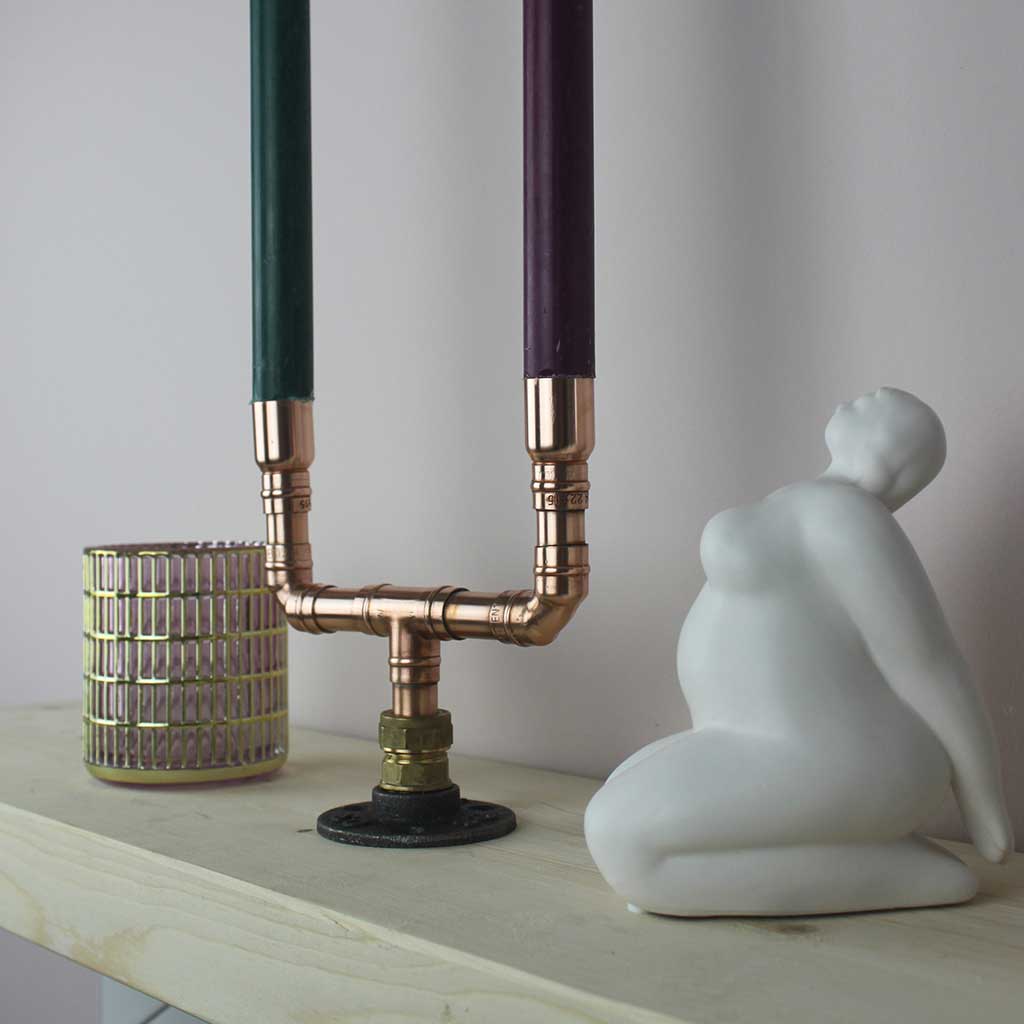 Duo Candelabra copper handmade of recycled components by Emmet Bosonnet of Kopper Kreation in Dublin Ireland