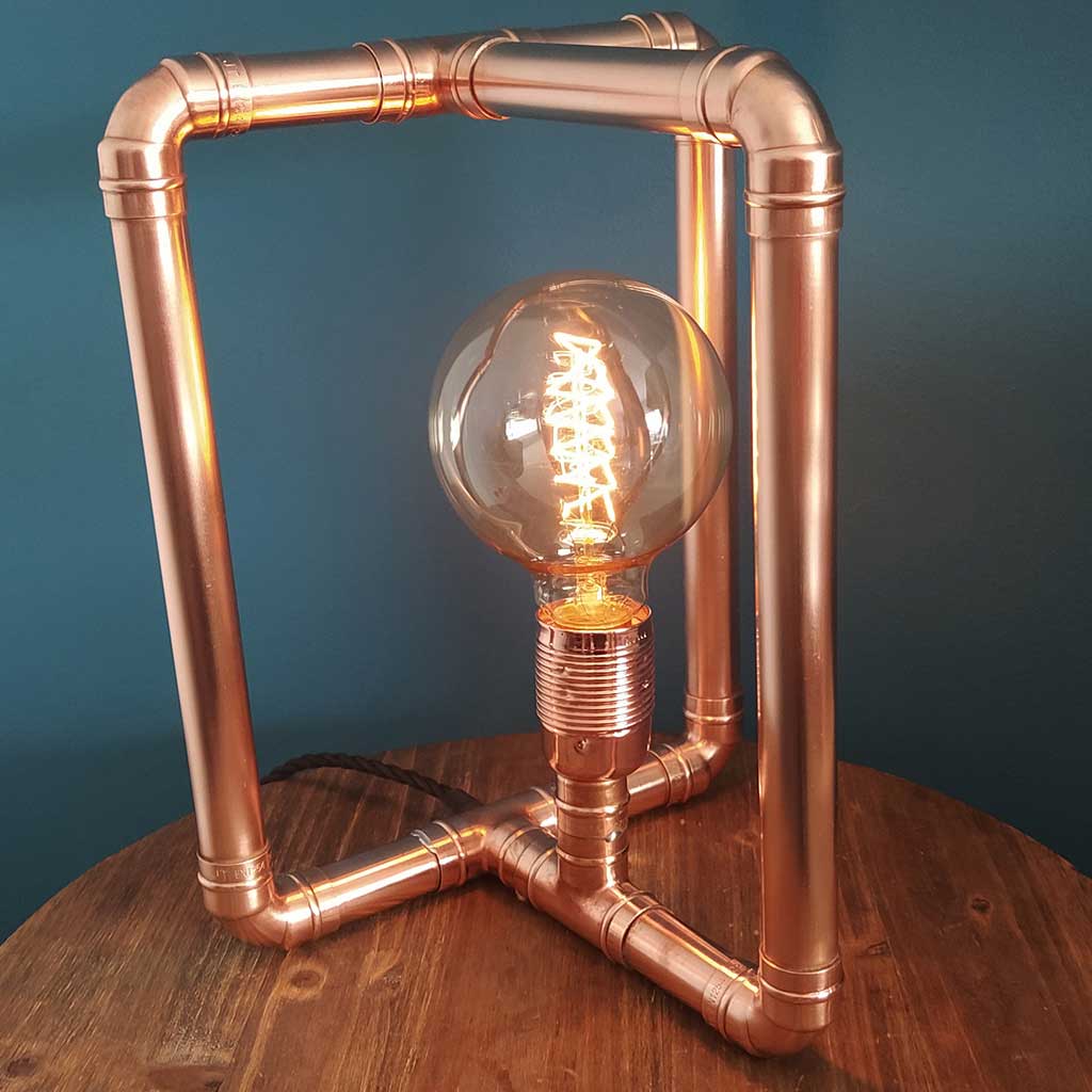 Geo copper lamp handmade by Emmet Bosonnet from recycled materials in Dublin Ireland