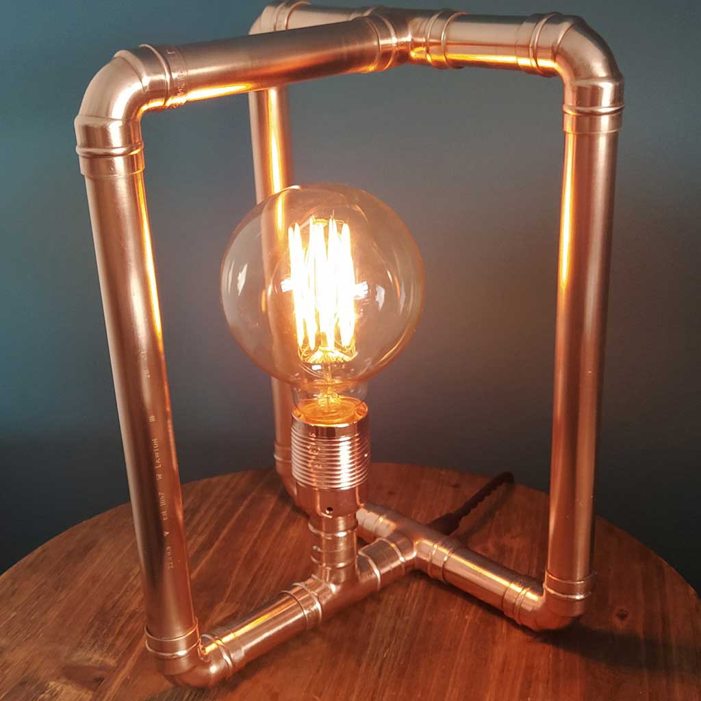 Geo copper lamp handmade by Emmet Bosonnet from recycled materials in Dublin Ireland