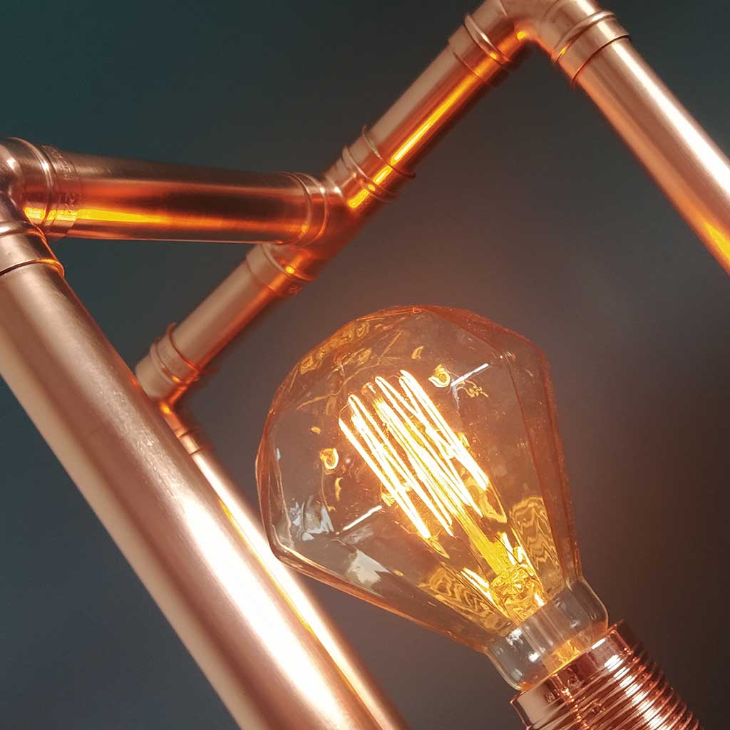 Geo copper lamp handmade by Emmet Bosonnet from recycled materials in Dublin Ireland