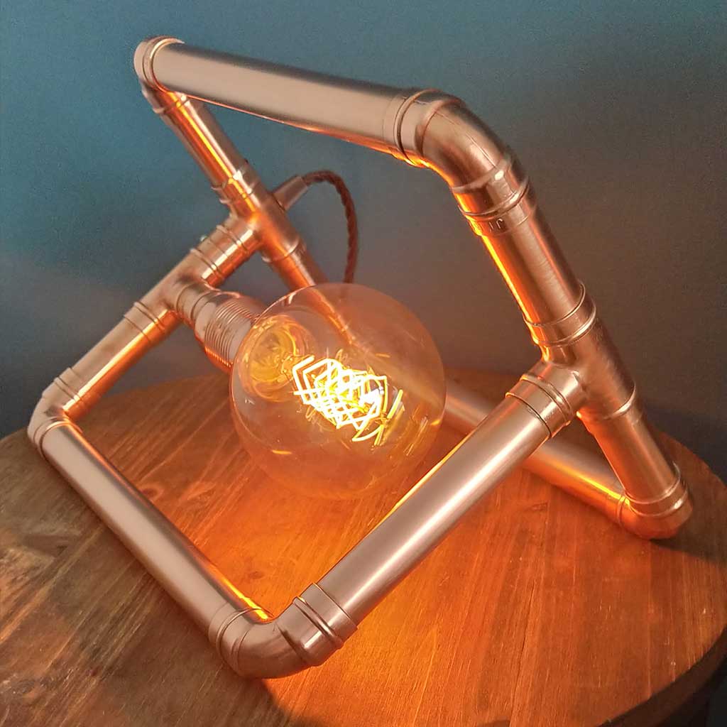 Geo copper lamp handmade by Emmet Bosonnet from recycled materials in Dublin Ireland