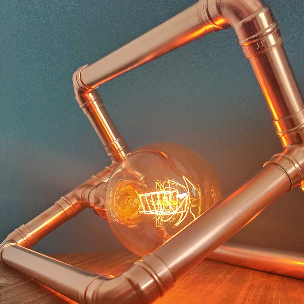 Geo copper lamp handmade by Emmet Bosonnet from recycled materials in Dublin Ireland