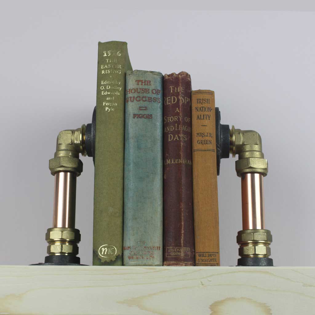 Industrial Book End Holders handmade of recycled components by Emmet Bosonnet of Kopper Kreation in Dublin Ireland