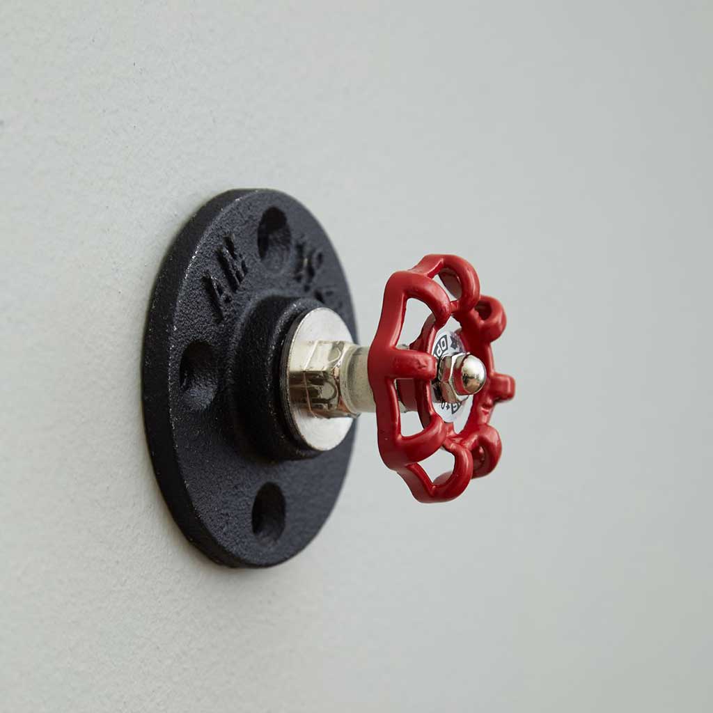 Industrial Coat Hook single red handmade of recycled components by Emmet Bosonnet of Kopper Kreation in Dublin Ireland