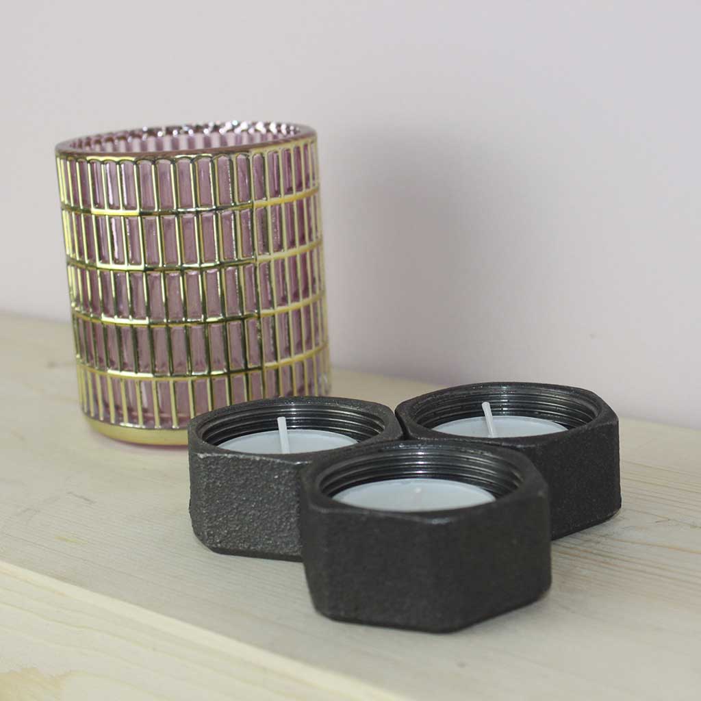 Iron Tea Light Holder x3 handmade of recycled components by Emmet Bosonnet of Kopper Kreation in Dublin Ireland