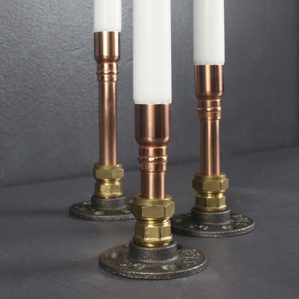 Trio Candle Holder handmade of recycled components by Emmet Bosonnet of Kopper Kreation in Dublin Ireland